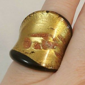 Vintage Free Form Hand Blown Glass Large Chunky Gold/Black Ring Size 7" New
